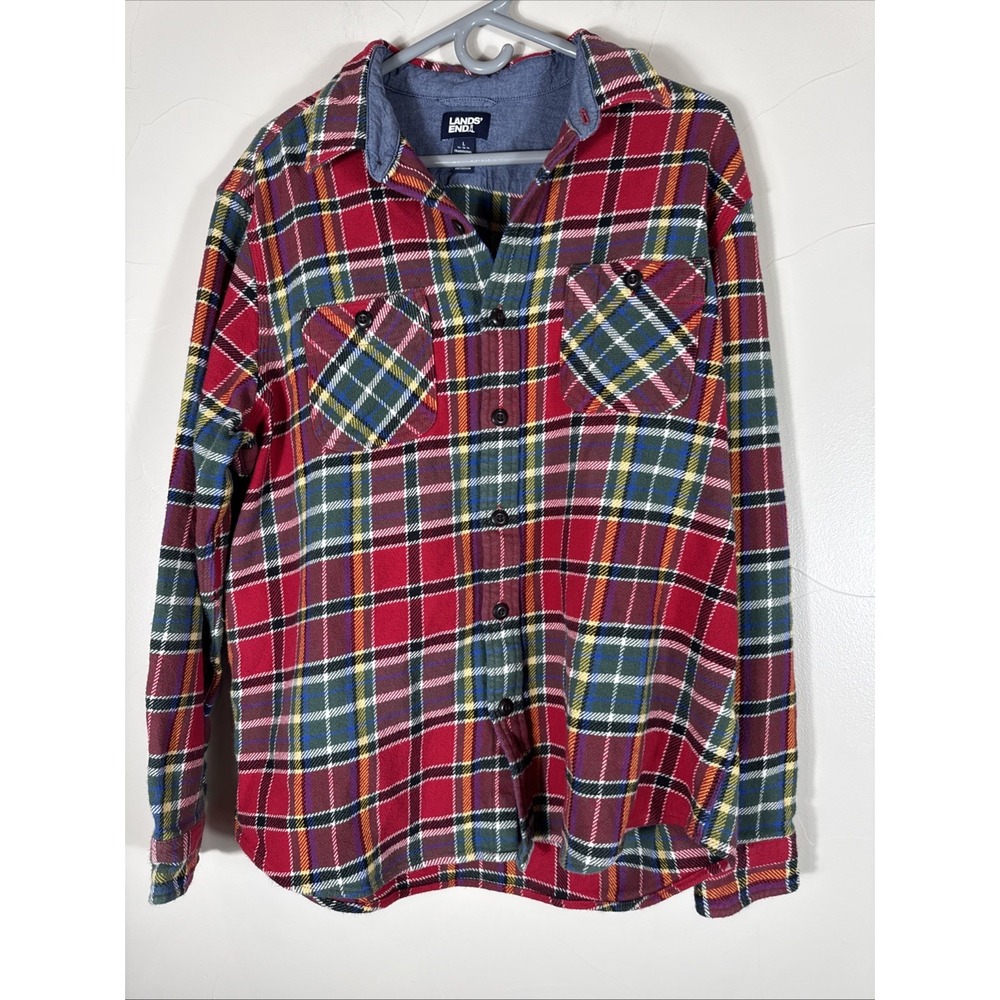Lands' End Mens Red Long Sleeve Thick Flannel Plaid Traditional Fit 16-16.5 L